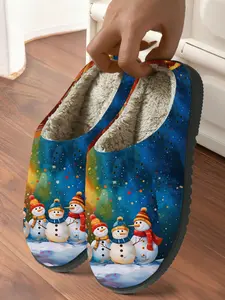 Dreamy Aurora Snowman Pattern Winter Comfortable Soft Warm Non-Slip Indoor Cotton Slippers for Adults, Cute Cartoon Letters Design