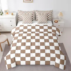Geometric Checkered Bed in A Bag 7 Piece White Khaki Checkerboard Grid Bedding Set,Buffalo Plaid Gingham Comforter Set with Sheet for Kids Adults Men Geometrical Bed Set