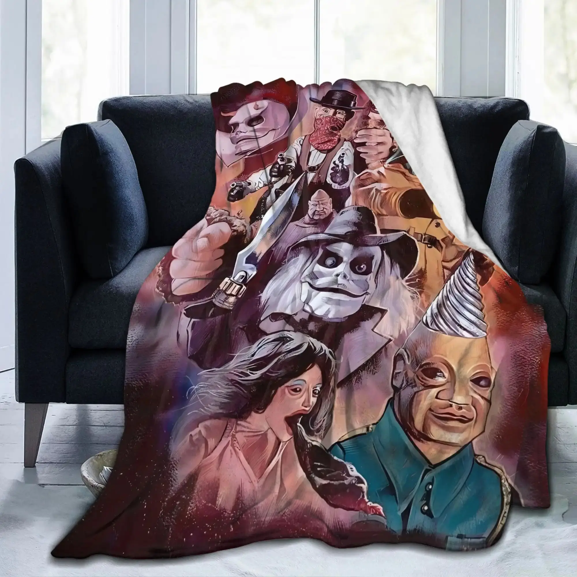 Puppet Master Horror Theme Printed Flannel Blanket - Breathable Warm, Wrinkle Resistant, Retro Look, Multi-Size Indoor Soft Throw for Living Room, Office Decor