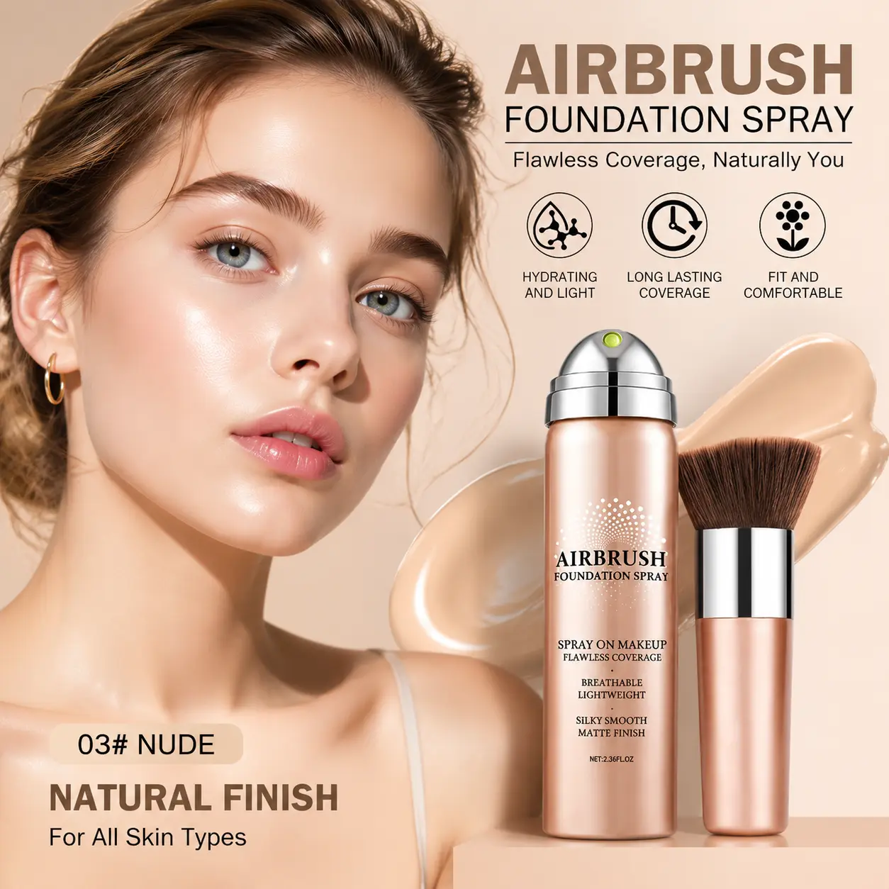 Flawless AirBrush Foundation High Coverage Foundation Smooth Creamy Matte Spray Makeup Kit for Mature Light Beige with Natural Nude Finish,BEIGE
