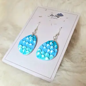 Cute Polymer Clay Earrings - Blue Dragon Egg Design with shiny mica powder Finish, hypoallergenic hooks.