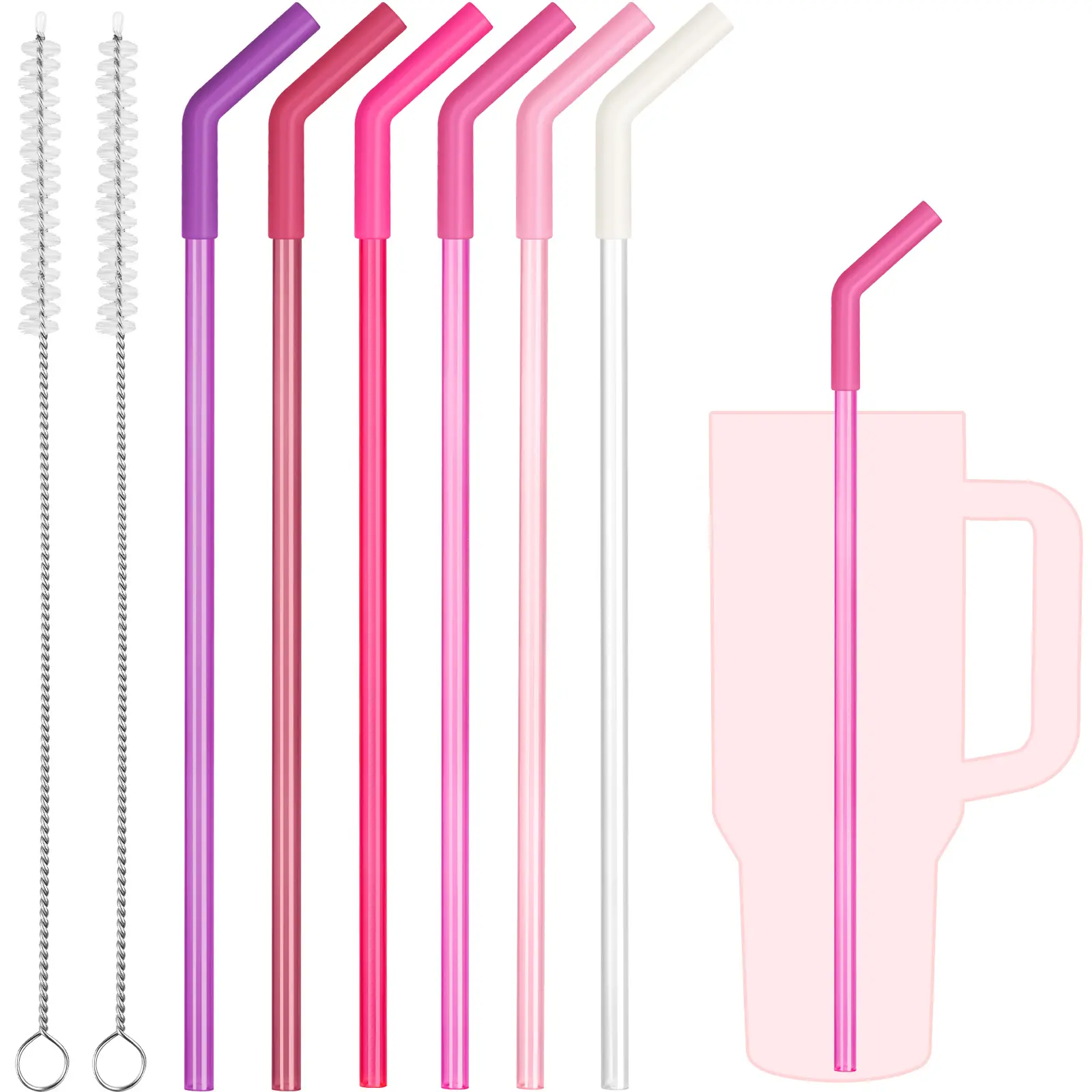 NiHome 6 PCS Reusable Tritan Straws Fit for Stanley Tumblers, Silicone Tips | 12” Plastic Drinking Straws Fit for Stanley 40/30oz Tumblers, 6 Silicone Tips & 2 Brushes, Dishwasher Safe