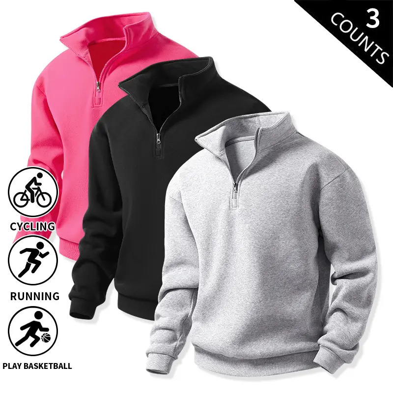 3-Pack Men’s Quarter-Zip Pullover Sweatshirts, Stand Collar Long Sleeve Casual Tops, Loose Fit Athletic Sweatshirts for Outdoor Running, Basketball, and Everyday Wear