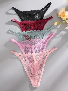 Women's Lace Patchwork Print Underwear Set, Everyday Comfortable Breathable Low Waist Fit Thong Panties, 5 Pieces, Sexy Ladies' Lingerie