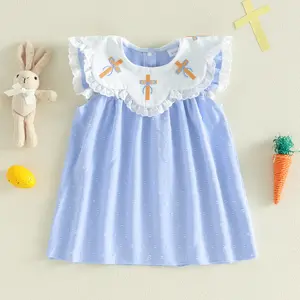Afunbaby Toddler Girls Dress Easter Clothes Cross Embroidered Lace Trim Doll Collar Fly Sleeve Casual Baby Fashion Princess Dress