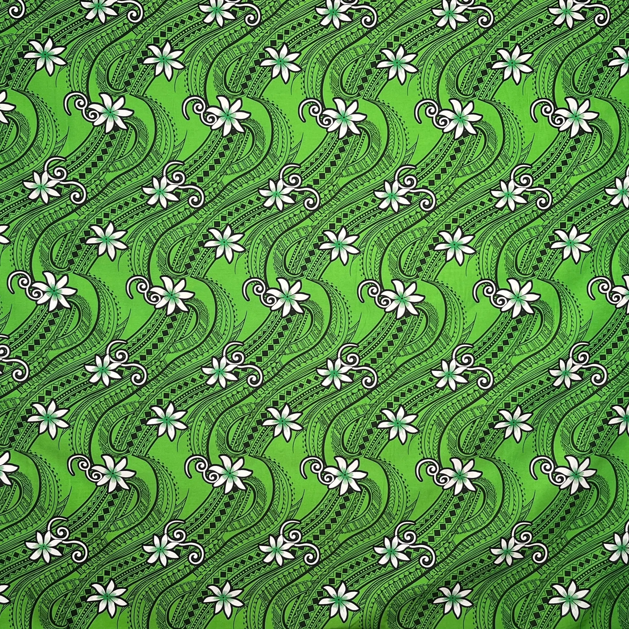 Tiare Waves Traditional Tattoo Durable Polyester Fabric - Ethnic Flower Twist Pattern, Islands-Inspired Textile for Sewing, Soft Furnishings