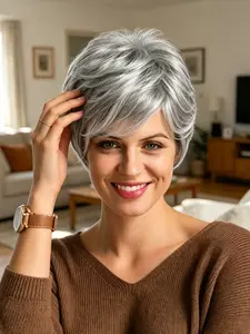 6 Inch Lightweight Breathable Silver Gray Synthetic Pixie Cut Wig With Bangs Natural Effect For Women Daily Styling Easy Wear Comfort #AprilSilverWig #GrayPixieCut #SpringSyntheticWig #TikTokEasyWear #BreathableWig #NaturalEffectWig