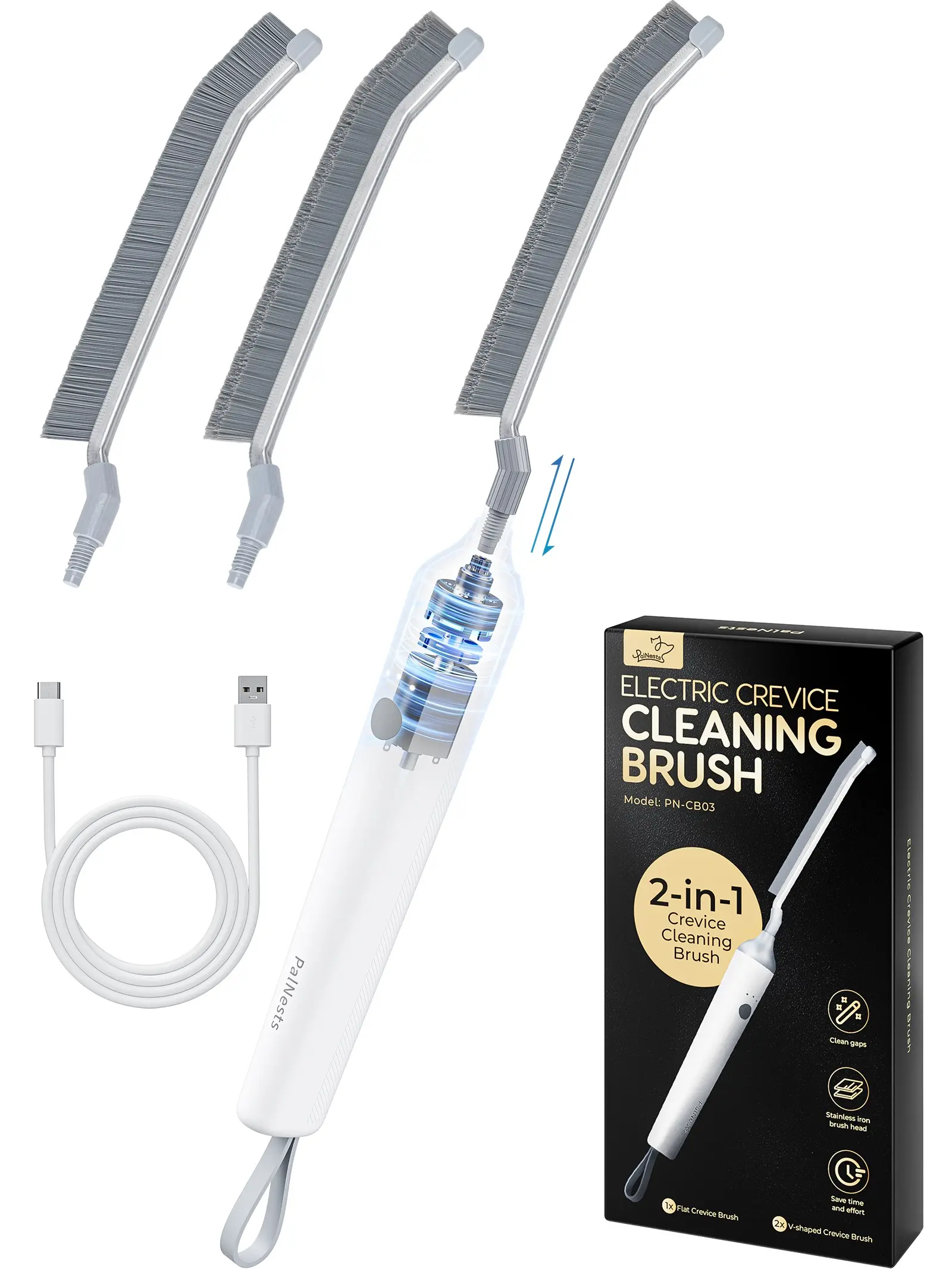 PALNESTS  Electric Crevice Cleaning Brush, IPX6 Waterproof Electric Scrubber, Hard Bristle Multi-purpose V-Shaped Crevice Cleaning Brush,  3 Speeds with LED Light, Suitable for Sinks, Toilets, Window Crevices, Bathroom Durable Multifunction