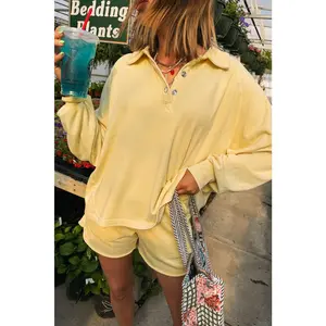 Yellow Cream Button Collar Drop Shoulder Pullover and Shorts Set