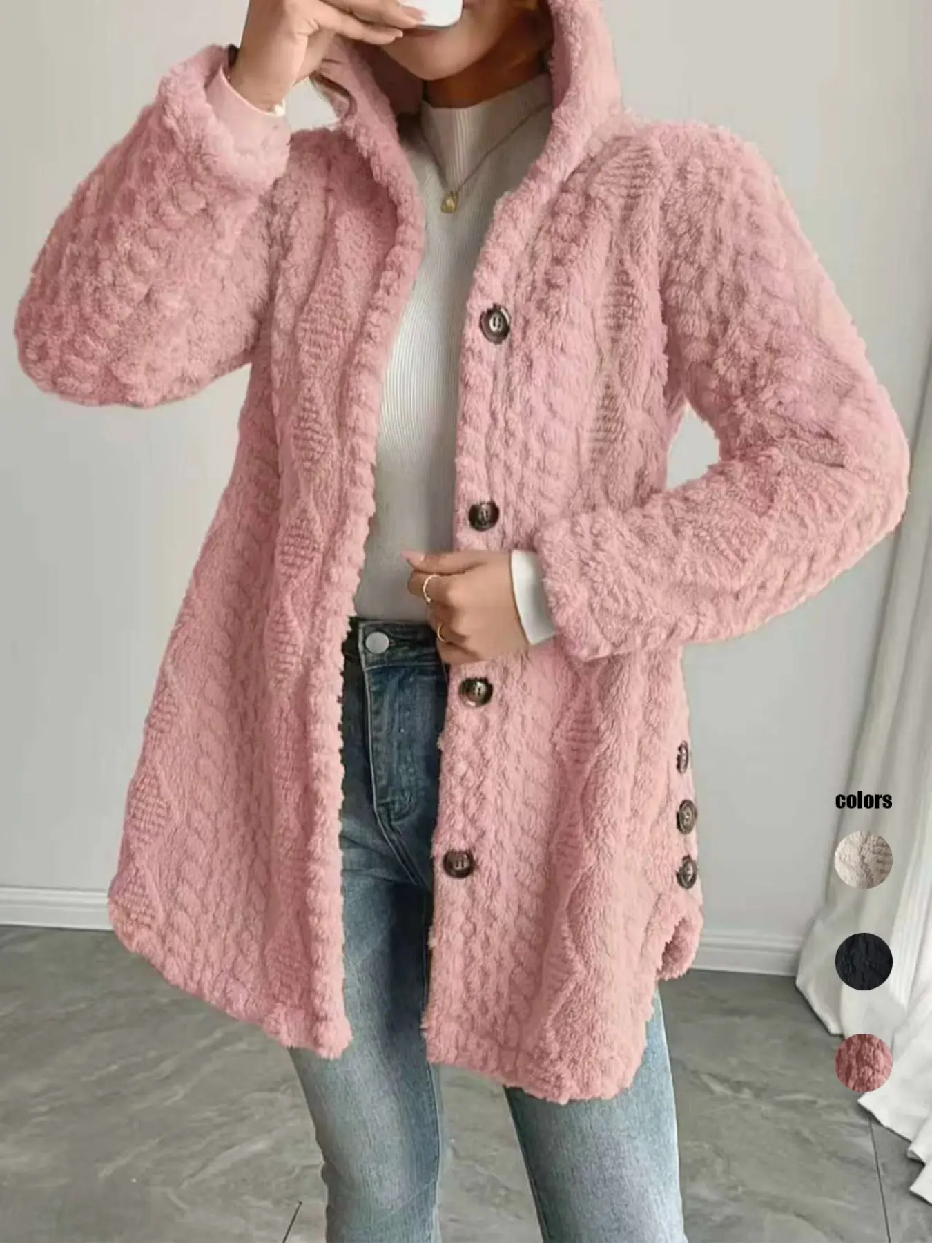 Women's Fall Winter Warm Fashion Hooded Cardigan Long Sleeve Outerwear Button, Womenswear Casual Plain Design, Perfect for Daily, Campus, Leisure Gatherings