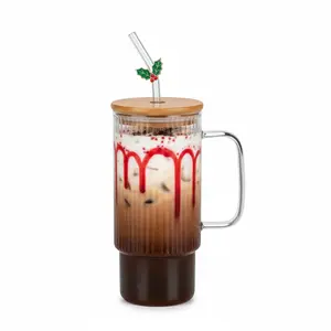 32oz Glass Cup With Handle - Glasses Drinking Set with Leakproof Bamboo Lids & Plastic Straws, Wide Mouth Kitchen Glasses Tumblers for Iced Coffee