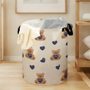 Valentine's Day Toy Bear Print Laundry Basket with Handle, Durable Halloween Foldable Dirty Clothes Storage Bin, Large Capacity, Laundry Hamper Basket