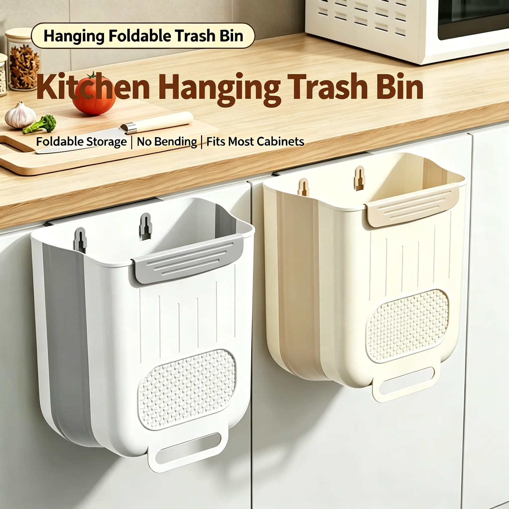 Foldable Cabinet Mounted Trash Bin, Hanging Kitchen Garbage Bucket, Large Opening for Quick Food Scrap Cleanup
