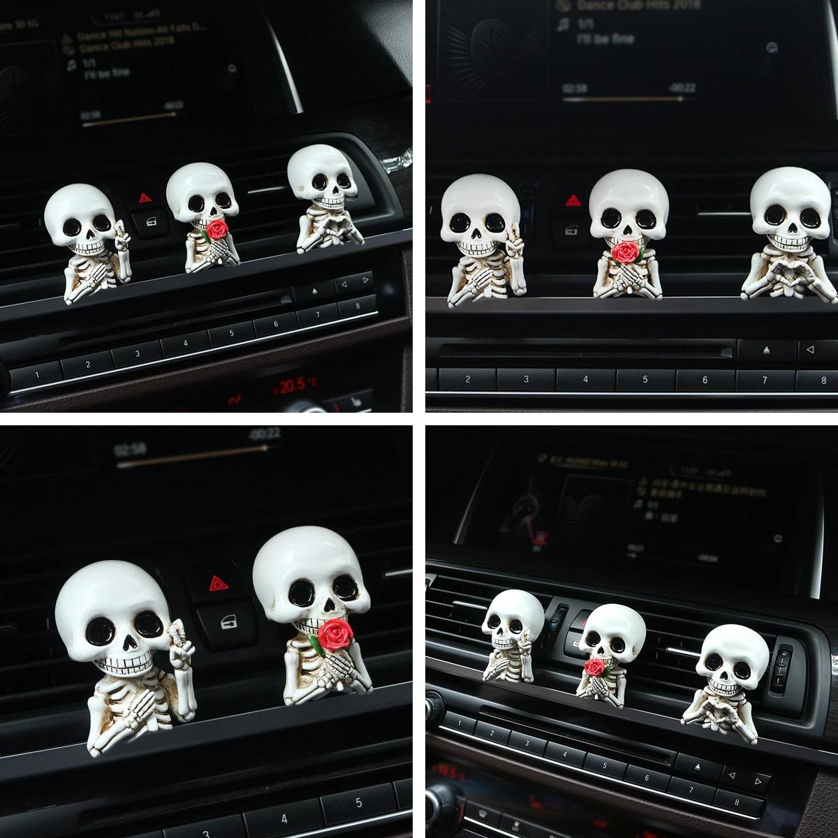 3pcs Cute Skeleton Resin Figurines, Car Interior Accessories, Fragrance Diffusers, Car Aroma Diffuser, Air Outlet Clips, All-Season Car Decor, Holiday Decorations, Air Freshener, Car Accessory, Perfect Car Gift
