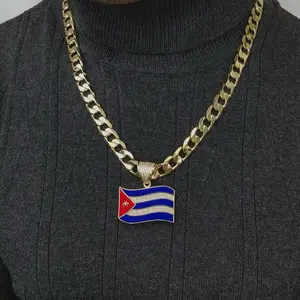 ViOrO 14K Gold Plated 10mm Cuban Link Chain with Flag Country Pendant for Dairy Use. Electro Laminated Premium Jewelry