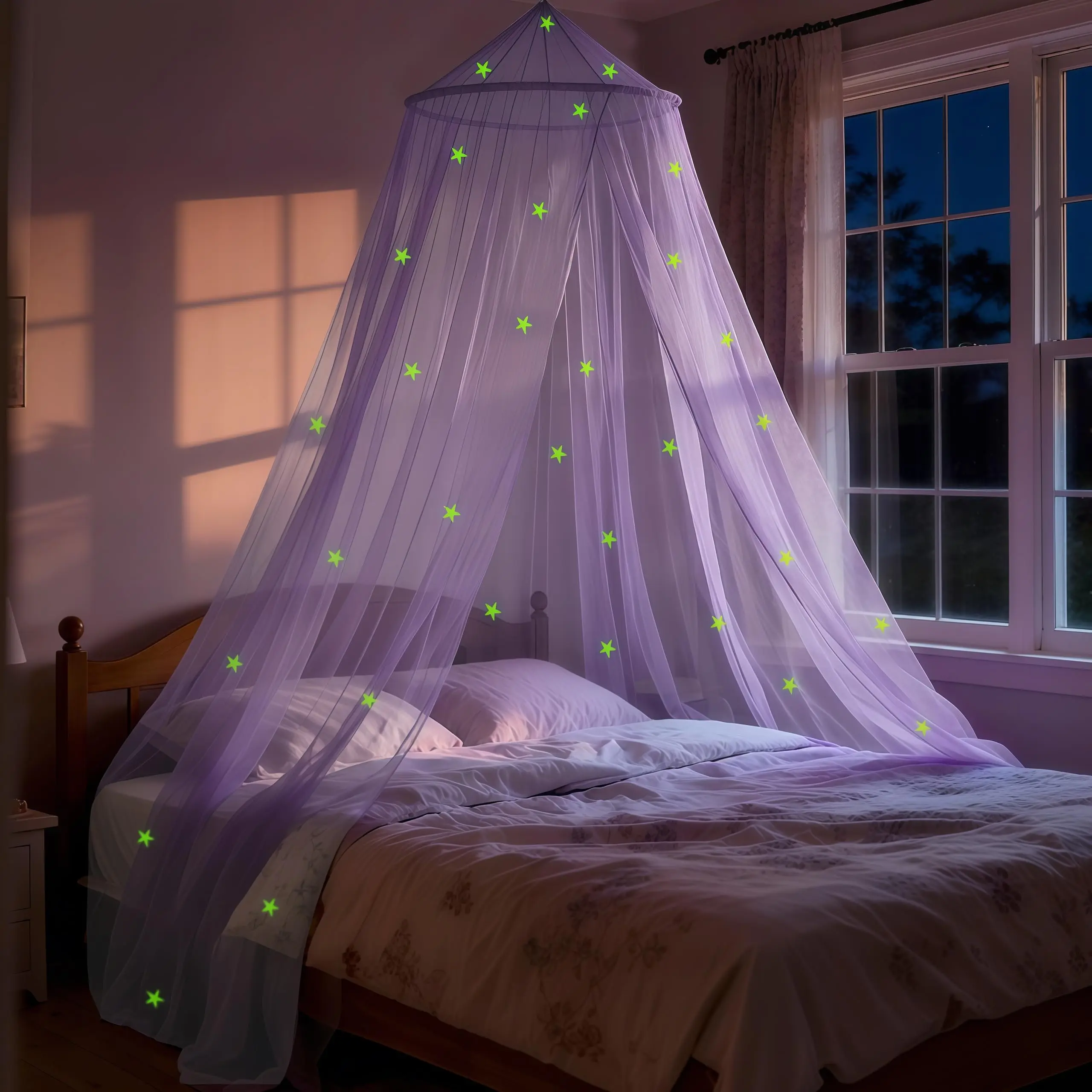 Purple Princess Bed Canopy for Girls with Glowing Stars Light Canopy Bed Curtains for single Twin Full and Queen Sizes Ceiling Tent for Reading Nooks Mosquito Net for Indoor Room Decor and Outdoor Use Mosquito Net Without Washing Mesh Netting Sides