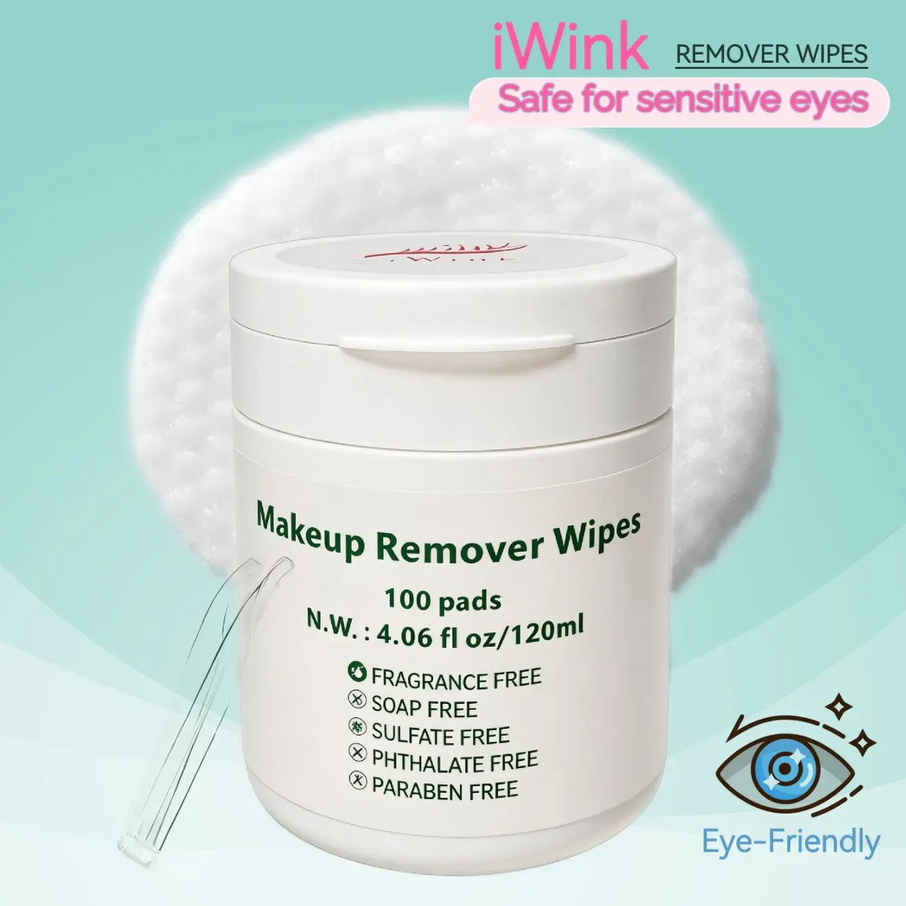 iWink Makeup Remover Wipes, 100 Pads, Ultra Soft, 0 Irritation, Moisturizing, Built-In Tweezer, Eyelid Scrub, Daily Use for Clear Complexion (Free of Fragrance, Sulfates, Paraben)