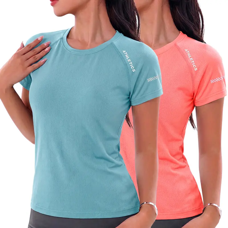 2-piece set: women’s casual letter-print crew-neck short-sleeve sports T-shirt; summer fitness T-shirt for women; gym top; women’s sportswear top; workout shirt