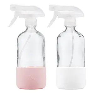 Just Like Joan Glass Spray Bottles with Silicone Sleeve - Clear Glass Spray Bottles for Cleaning Solutions, Essential Oils, Plants, Vinegar, Bleach - Refillable 16 oz Food Safe (Pink & White) Household