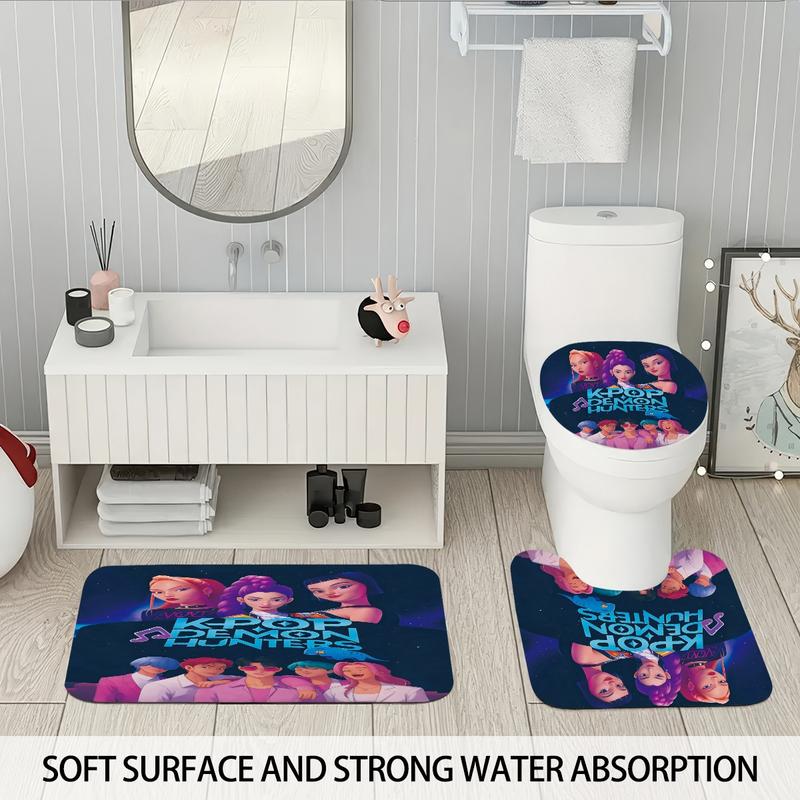 K-POP Demon Hunters Bathroom Set, Waterproof Shower Curtain with Hooks, Non-Slip Bath Rug, U-Shaped Toilet Mat, Toilet Lid Cover, Bathroom Decoration Accessories