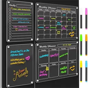 4Pcs Fridge Calendars 2025 Acrylic Magnetic Calendar for Refrigerator Fridge White Board Calendar Chalk Dry Erase Calendars Magnets Chalkboard Monthly Weekly Planner with 6 Highlight Markers