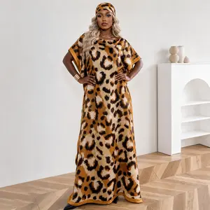 【MOOMOO】Women's fashion printed long dress set, paired with a matching Mumu skirt and silk scarf headband. Made of lightweight knitted fabric suitable for all seasons, perfect for home wear and beach sun protection.