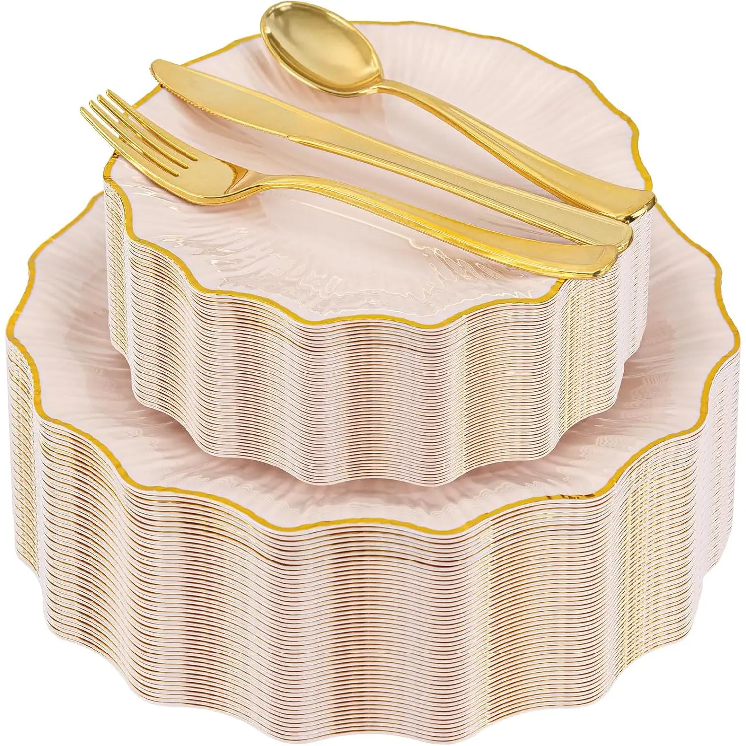150PCS BPA-Safe Food-Grade Heavy-Duty Disposable Classic Round Pink Plastic Party Tableware Set, Including Dinner Plates, Dessert Plates & Gold Cutlery, Ideal for Weddings, Vintage Occasions, Wedding