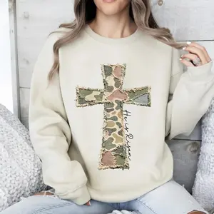 [PRINTED FAUX PATCHWORK] Camo Cross Easter Crewneck, Faux Quilted Christian Bunny Sweatshirt, Retro Aesthetic He Is Risen Graphic Pullover for Women