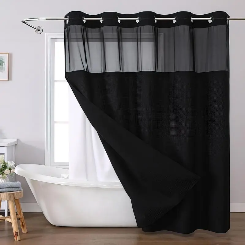 Waterproof Waffle Shower Curtain with Sheer Top, Aesthetic Bathroom Decor Shower Curtain Set for Home Bathroom Supplies