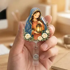 Lantern Virgin Mary Badge Reel, Catholic Mother Mary Retractable ID Holder, Christian Faith Nurse Gift BPX