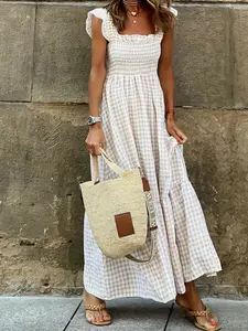 Women's Retro Plaid Smocked Dress Lightweight Spaghetti Strap Flounce Long Casual Sleeveless Flowy Evening Fashion Basic with Pockets Womenswear Cute Elegant Sky