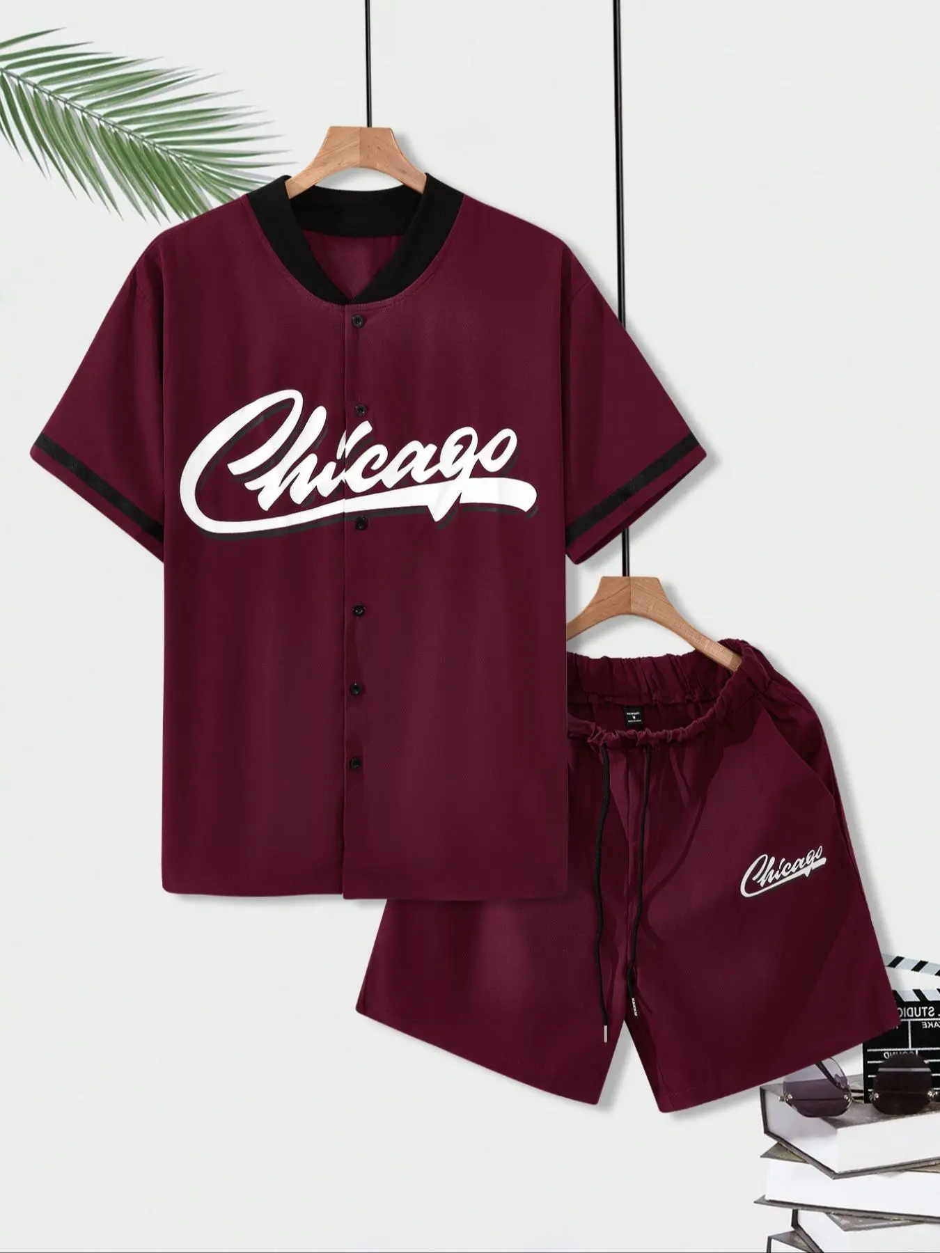 Men's Letter & Figure Print Baseball Jersey & Shorts Two-piece Set, Regular Fit Casual Short Sleeve Baseball Jersey & Shorts, Men's Summer Sleepwear