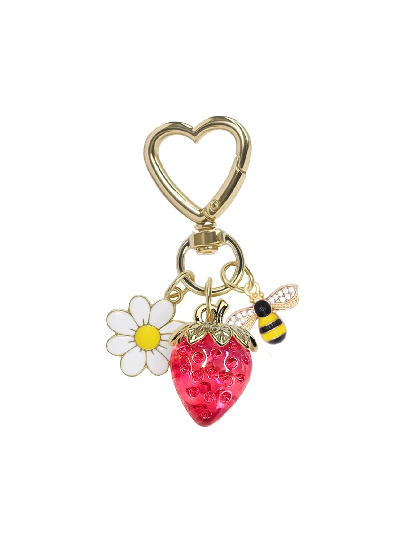 Cute Daisy Bee Strawberry Bag Charms Keychain Kawaii, Floral Pattern Keychain, Floral Purse Accessories Strawberry Bag Chain with Daisy & Bee Pendant Heart Lobster Clasp Key Ring for Women Handbags Backpack Car Key Fob Cute Keychain Accessory