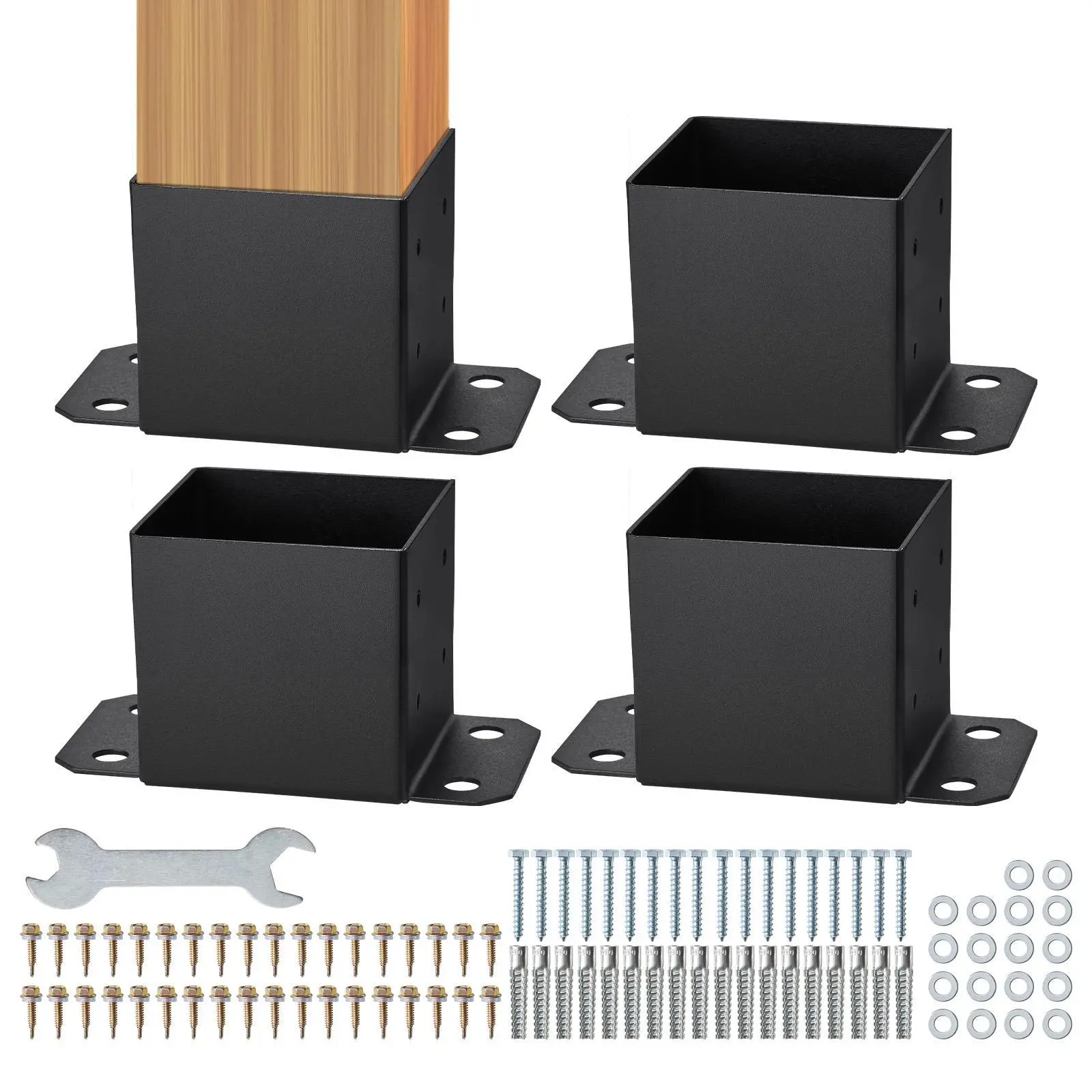 VEVOR 4 Pcs 6x6 Carbon Steel Post Base Brackets, Sturdy Full Wrap Metal Post Anchors with Complete Set of Accessories, 5.6"x5.6" Inner Size, Heavy Duty Powder-Coated Matte Black for Pavilion Deck Railing Support
