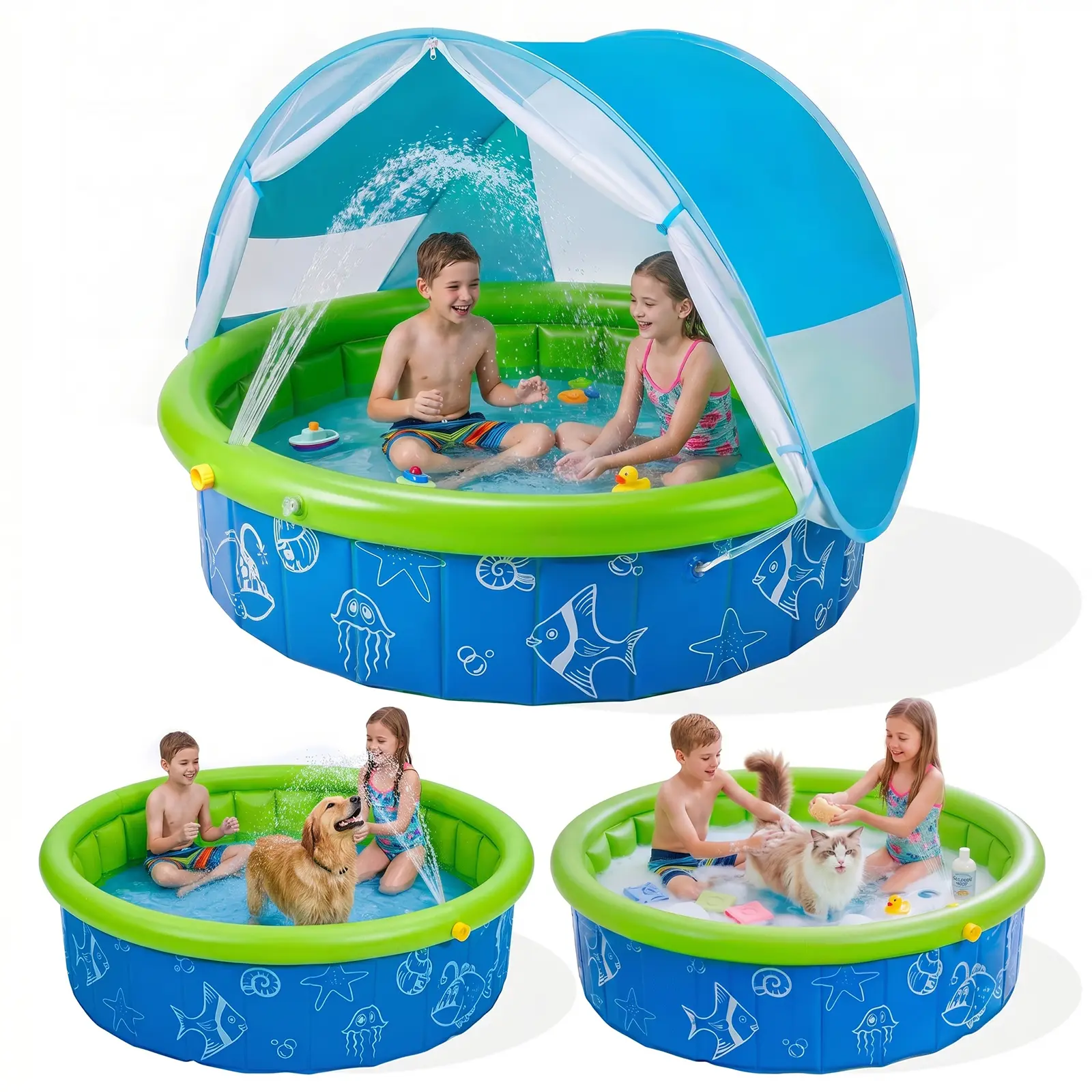 Kids Pool for Toddler, Foldable Kiddie above ground Pool with Removable Canopy, Portable Baby Toddler Pool for Indoor Outdoor,Dog Pet Swimming Pool,Easy Drain Non-Slip Splash Pool for Backyard & Travel Quick Setup No Tools (47in)