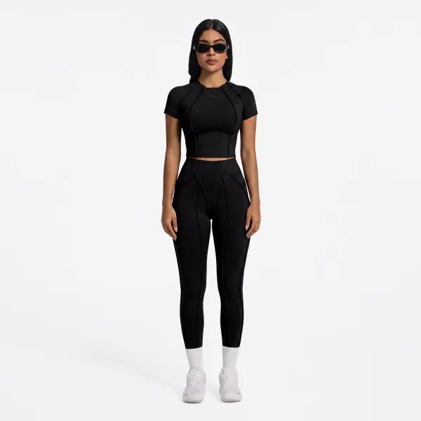BetterMe Women's Contour Stitch Cropped Compression Short-Sleeve Round Neck Soft Tee (Black) - Breathable Fitted Fabric, Sculpted Fit for Gym & Everyday Womenswear, Sleeves, Spandex Blend, Gym Aesthetic, Sporty Chic, Seam Contour