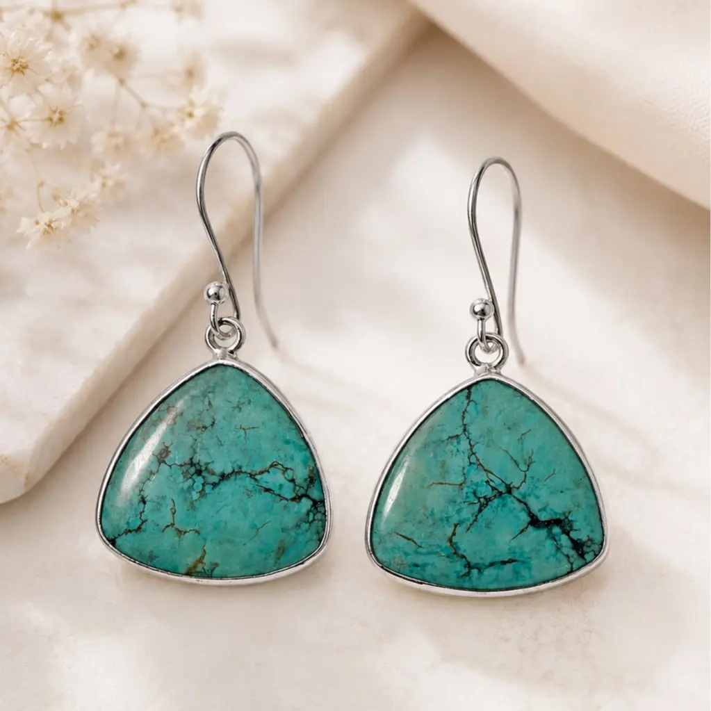 Natural Turquoise Rounded Trillion Earrings in 925 Sterling