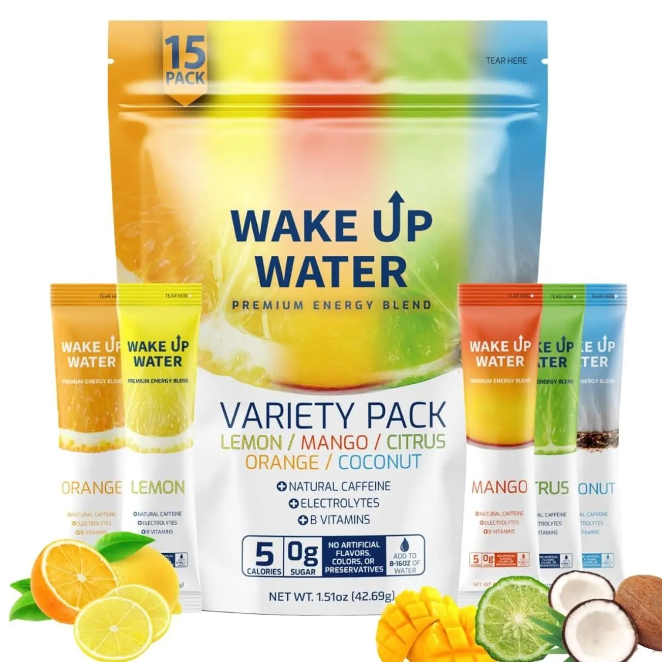 Wake Up Water Energy Drink Mix, Sugar Free Clean Energy Powder with Electrolytes & B Vitamins, Natural Caffeine for Focus & Hydration (15 Pack) - Variety