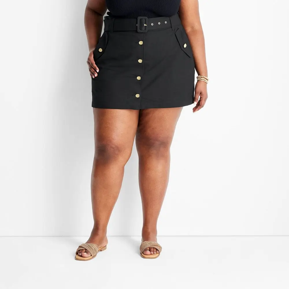 Women's Dressy Woven Mini Skirt, Classic Mid-Rise Style with a Button-Front, Matching Belt, and Front Pockets
