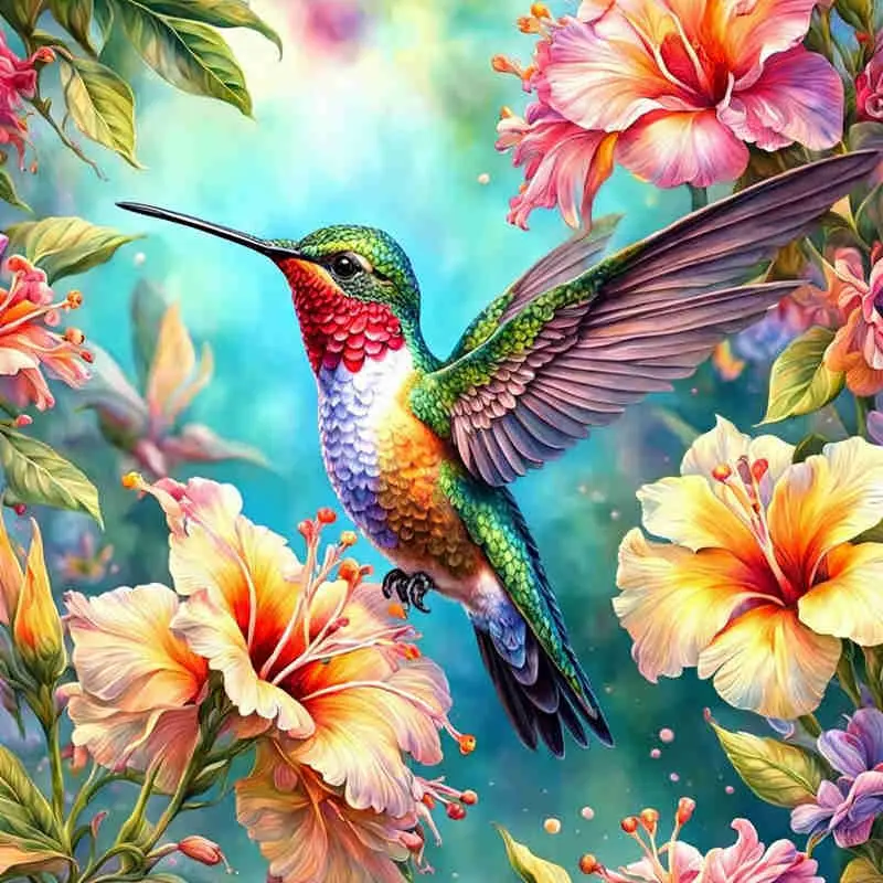Hummingbird Hibiscus Tropical Flowers 5D Full Drill Diamond Painting Kit Vibrant Design with Shimmering Feather and Petal Accents Exotic Wildlife Art Style DIY Art For Home Wall Decor Ideal Gift For Nature & Craft Enthusiasts