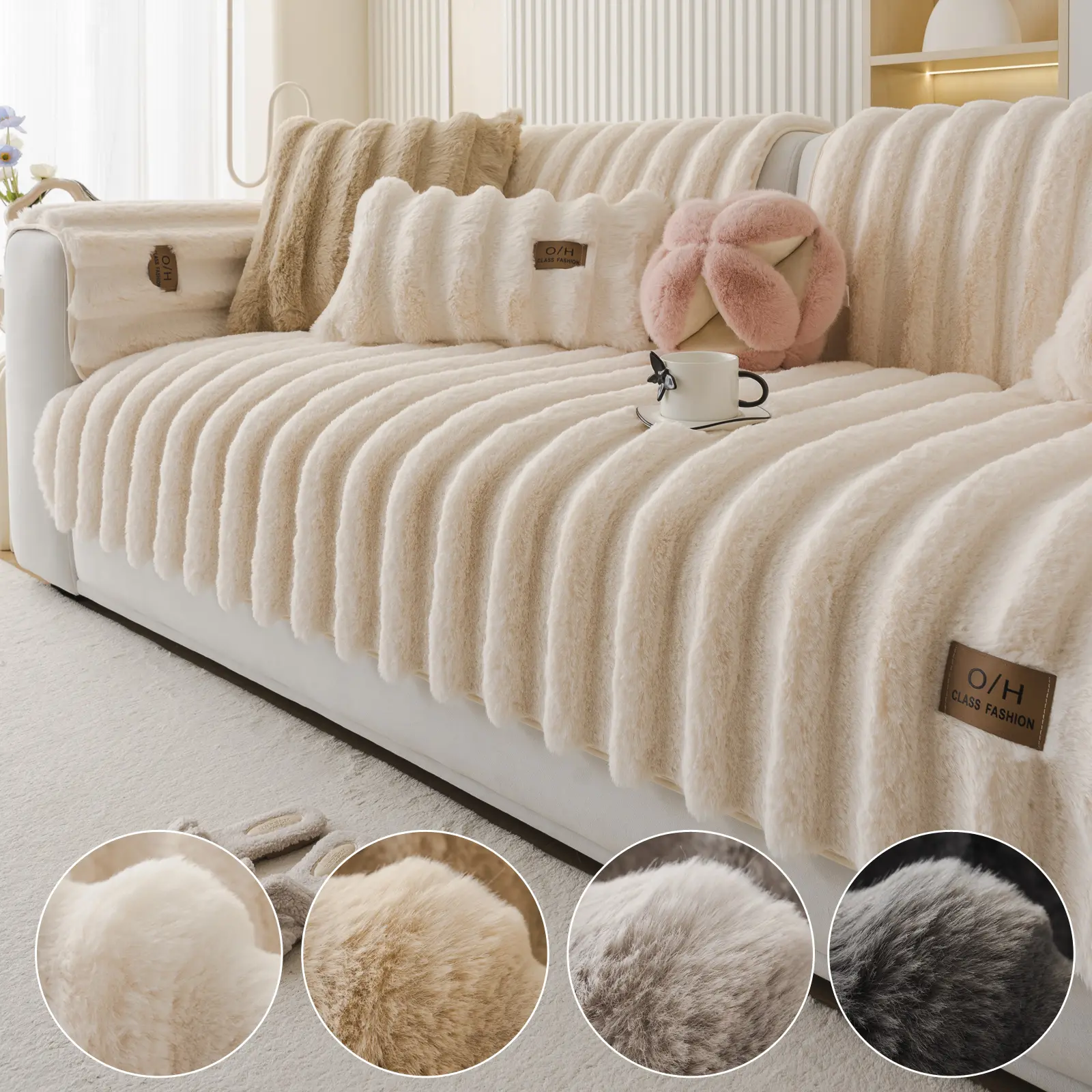 Vertical Rabbit Pure Color Faux Fur Sofa Cover, Non-Slip Sofa Pad, Soft Comfortable Universal Washable Sofa Protector, Sofa Slipcover, Home Decor Living Room Dorm Hotel, Sofa Covers Washable, Non Slip Couch Cover
