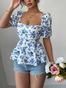 Fresh Sweet T-Shirt Summer Square Neck Bubble Sleeve Trendy Floral Top, Slim-Fitting Casual Wear, Perfect for Daily, Feminine