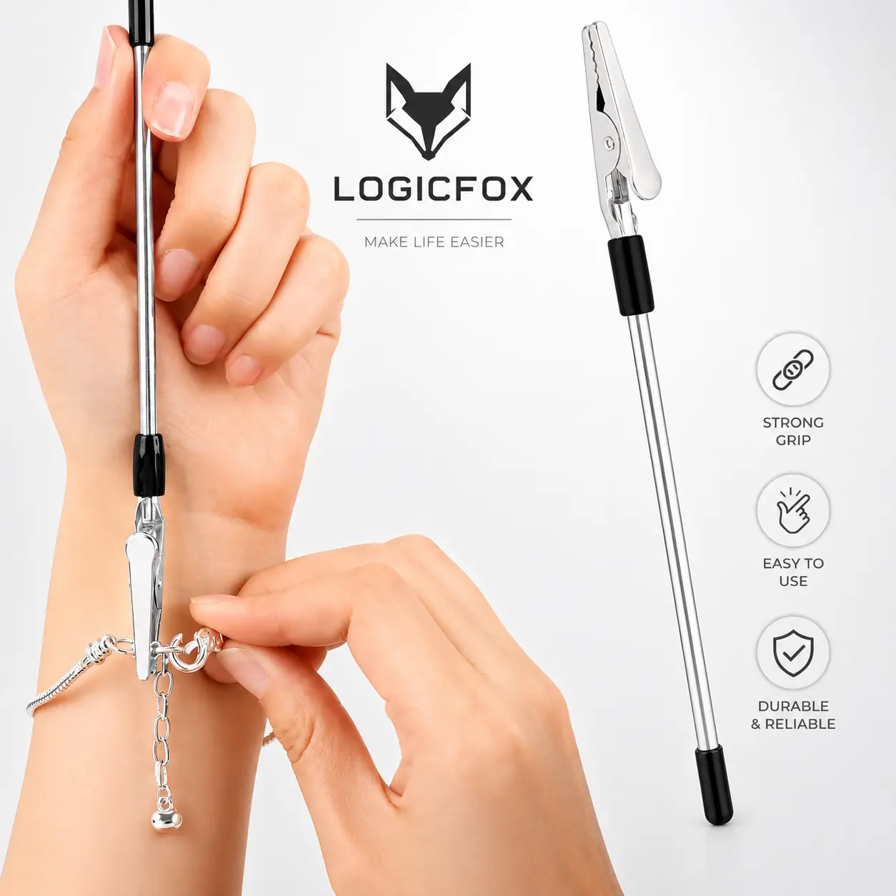 LOGICFOX Bracelet Assist Tool, a portable and easy to use fastener and adjuster for bracelets, necklaces, jewelry, and watches