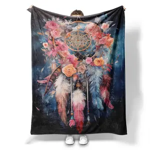 Dreamcatcher Feather Floral Blanket – Boho Spirit Throw for Girls or Bedroom Decor
