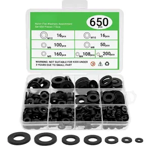 650-Pieces Nylon Flat Washer for Screws , 7 Sizes Black Plastic Washers Assortment Kit (M3-M12), Assorted Screw Washers Washer Set for Household & Commercial