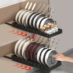 2 Pcs Pull-Out Pots and Pans Organizer Under Cabinet Pot and Pan Organizers Inside Cabinet for Kitchen Cabinet Storage and Pots Storage Rack Pans Lid Dishes Holder Bakeware Organizer with Slide Rails