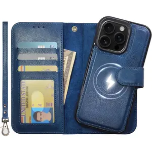 Case Wallet for  16 Pro Wallet Case, Detachable Leather Cover with Card Holder,   Compatible with MagSafe  , Kickstand Shockproof Cover 6.3 inch, Blue