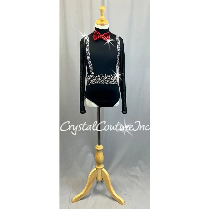 Black Leotard with Red Bowtie and Rhinestoned Suspenders