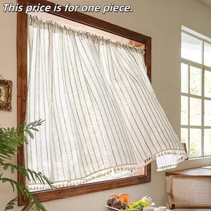 1PC Japanese Style Linen Cotton Curtain, Tassel Fringe Pattern, Coffee Lace Curtains, Farmhouse Balcony Half Curtain, Korean Partition, Tassel Decor Curtain