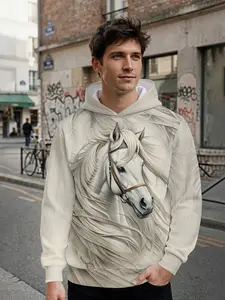 Men's Casual Hoodie with White Horse Realistic Art Print, 3D Digital Full-Print Design, Eye-catching for Daily Outings and Music Festivals, Perfect Festival Gift for Men